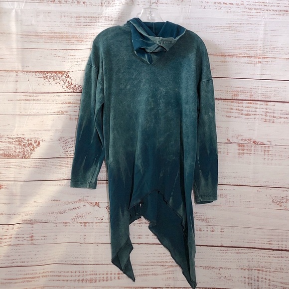 Teal Blue Green Zip Hooded Cardigan Top with Black Peace Sun Design LG NWT - Picture 3 of 14